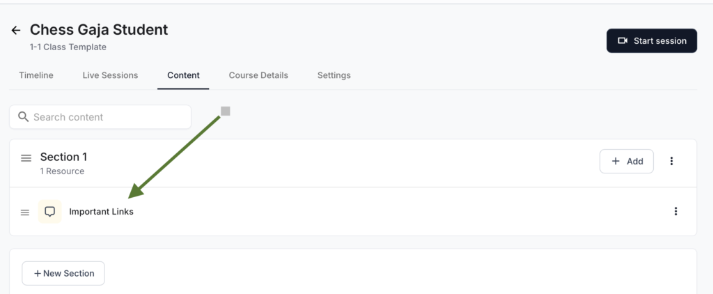 Screenshot of a course interface titled "Chess Gaja Student" showing a section labeled "Important Links" under the "Content" tab with a green arrow pointing to it.